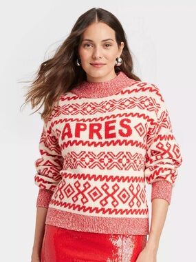 NWT A NEW DAY APRES Red and White Crewneck Sweater Ski Snow Winter Size Large
